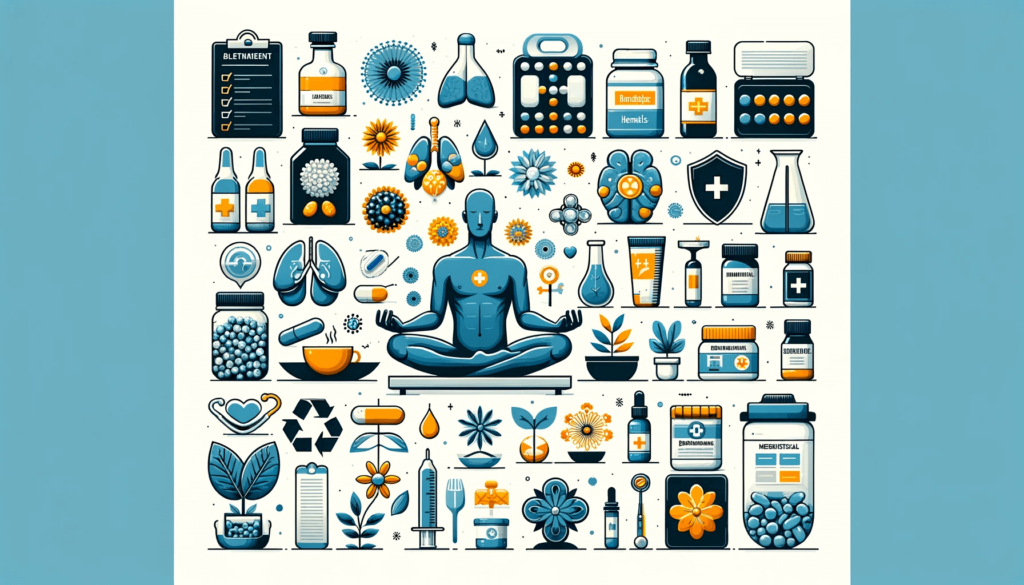 Bild mit Symbolen für Behandlungsmethoden von saurem Aufstoßen, darunter Heilkräuter, Medikamente und Lifestyle-Änderungen