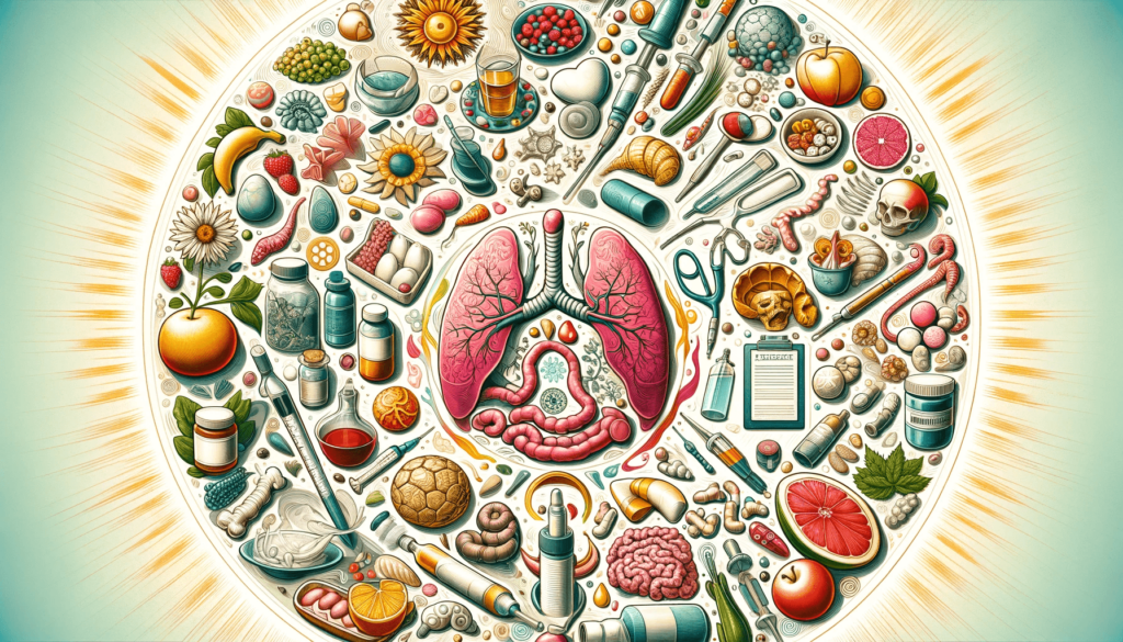 Informatives Bild mit Symbolen für gesunde Ernährung, Medikamente und natürliche Heilmittel zur Behandlung von saurem Aufstoßen