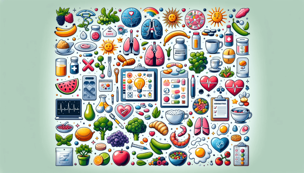 Visuelle Darstellung der Ursachen für saures Aufstoßen, inklusive ungesunder Lebensmittel, medizinischer Symbole und Stressobjekte